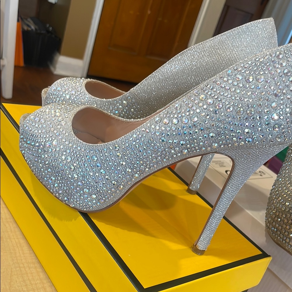 Elegant Silver Rhinestone Peep-Toe Heels